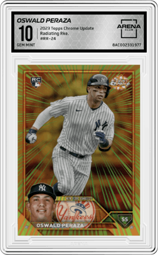 Oswald Peraza  from the 2023 Topps Chrome Update set graded by Arena Club and given an overall grade of 10.