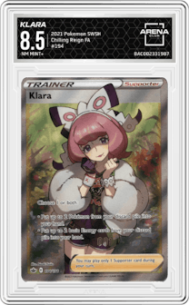 Klara from the 2021 Pokemon SWSH set graded by Arena Club and given an overall grade of 8.5.