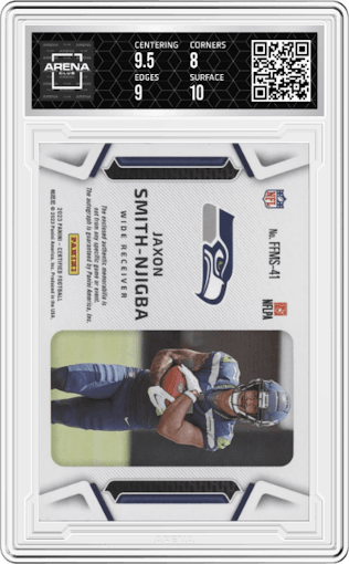 Jaxon Smith Njigba from the 2023 Panini Certified set featuring a Pink parallel graded by Arena Club and given an overall grade of 8.5.