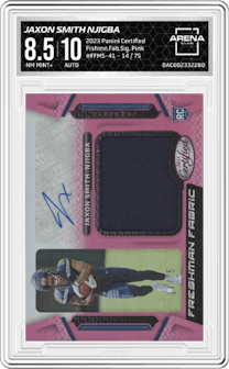 Jaxon Smith Njigba from the 2023 Panini Certified set featuring a Pink parallel graded by Arena Club and given an overall grade of 8.5.