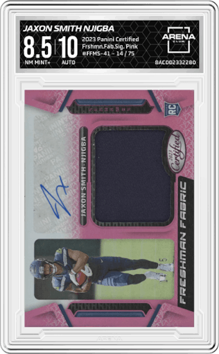 Jaxon Smith Njigba from the 2023 Panini Certified set featuring a Pink parallel graded by Arena Club and given an overall grade of 8.5.