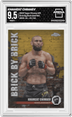 Khamzat Chimaev from the 2024 Topps Chrome UFC set featuring a Gold Refractor parallel graded by Arena Club and given an overall grade of 9.5.