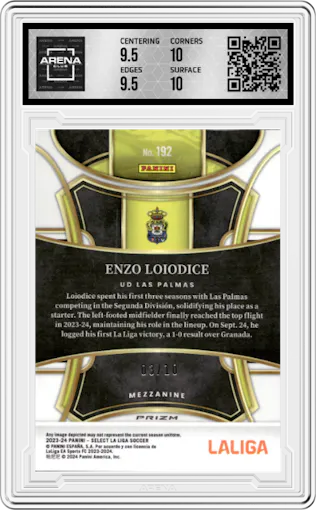 Enzo Loiodice  from the 2023-24 Panini Select La Liga set featuring a Gold parallel graded by Arena Club and given an overall grade of 10.