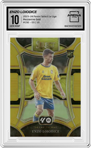Enzo Loiodice  from the 2023-24 Panini Select La Liga set featuring a Gold parallel graded by Arena Club and given an overall grade of 10.