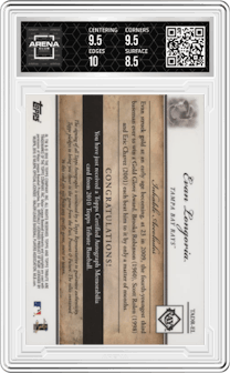 Evan Longoria from the 2010 Topps Tribute set featuring a Blue parallel graded by Arena Club and given an overall grade of 9.