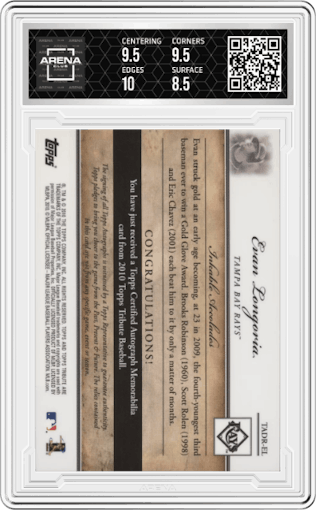 Evan Longoria from the 2010 Topps Tribute set featuring a Blue parallel graded by Arena Club and given an overall grade of 9.