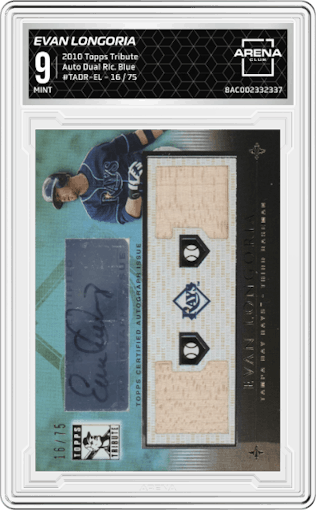 Evan Longoria from the 2010 Topps Tribute set featuring a Blue parallel graded by Arena Club and given an overall grade of 9.