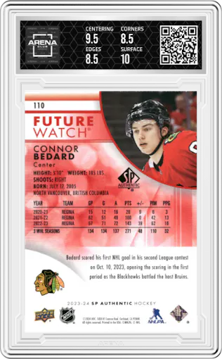 Connor Bedard from the 2023-24 SP Authentic set featuring a Limited Red parallel graded by Arena Club and given an overall grade of 9.
