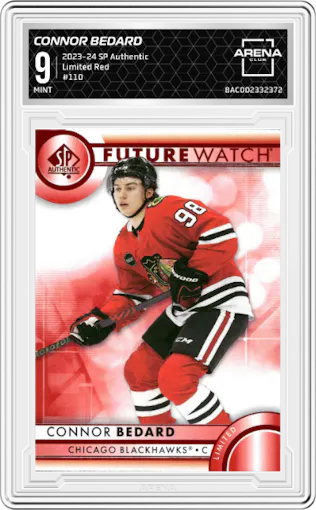 Connor Bedard from the 2023-24 SP Authentic set featuring a Limited Red parallel graded by Arena Club and given an overall grade of 9.