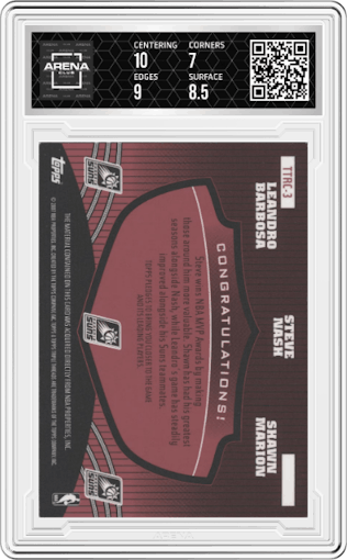 Shawn Marion/Steve Nash/Leandro Barbosa from the 2006-07 Topps Triple Threads set graded by Arena Club and given an overall grade of 7.5.