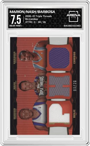Shawn Marion/Steve Nash/Leandro Barbosa from the 2006-07 Topps Triple Threads set graded by Arena Club and given an overall grade of 7.5.
