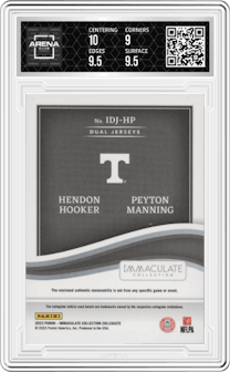 Hendon Hooker/Peyton Manning from the 2023 Panini Immaculate Collection Collegiate set graded by Arena Club and given an overall grade of 9.5.
