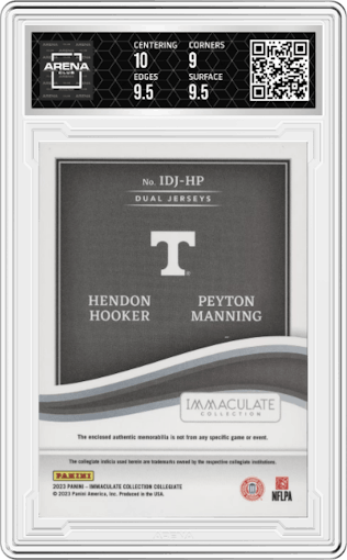 Hendon Hooker/Peyton Manning from the 2023 Panini Immaculate Collection Collegiate set graded by Arena Club and given an overall grade of 9.5.