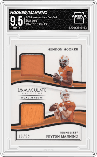 Hendon Hooker/Peyton Manning from the 2023 Panini Immaculate Collection Collegiate set graded by Arena Club and given an overall grade of 9.5.