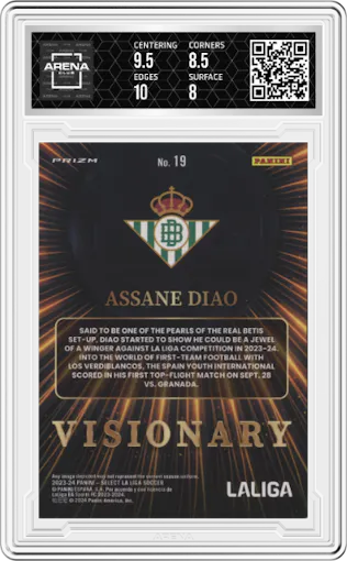 Assane Diao from the 2023-24 Panini Select La Liga set graded by Arena Club and given an overall grade of 8.5.