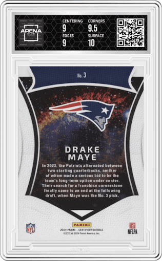 Drake Maye from the 2024 Panini Certified set featuring a Teal Mirror parallel graded by Arena Club and given an overall grade of 9.5.