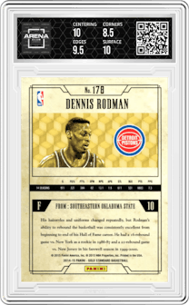 Dennis Rodman from the 2014-15 Panini Gold Standard  set featuring a Gold parallel graded by Arena Club and given an overall grade of 9.