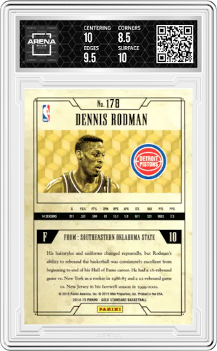 Dennis Rodman from the 2014-15 Panini Gold Standard  set featuring a Gold parallel graded by Arena Club and given an overall grade of 9.