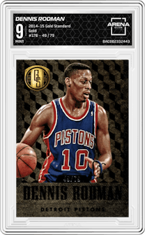 Dennis Rodman from the 2014-15 Panini Gold Standard  set featuring a Gold parallel graded by Arena Club and given an overall grade of 9.