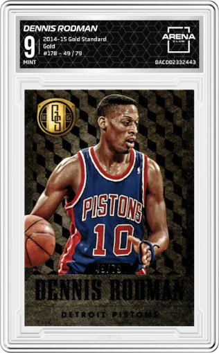 Dennis Rodman from the 2014-15 Panini Gold Standard  set featuring a Gold parallel graded by Arena Club and given an overall grade of 9.