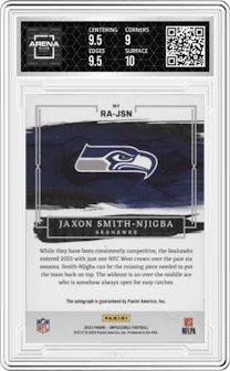 Jaxon Smith-Njigba from the 2023 Panini Impeccable set featuring a Gold parallel graded by Arena Club and given an overall grade of 9.5.