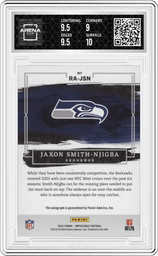Jaxon Smith-Njigba from the 2023 Panini Impeccable set featuring a Gold parallel graded by Arena Club and given an overall grade of 9.5.