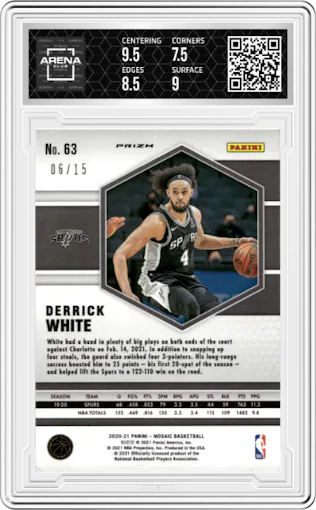 Derrick White from the 2020-21 Panini Mosaic set featuring a Blue Fluorescent parallel graded by Arena Club and given an overall grade of 8.