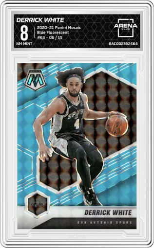 Derrick White from the 2020-21 Panini Mosaic set featuring a Blue Fluorescent parallel graded by Arena Club and given an overall grade of 8.