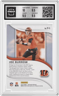 Joe Burrow from the 2023 Panini Certified set featuring a Mirror Gold parallel graded by Arena Club and given an overall grade of 10.
