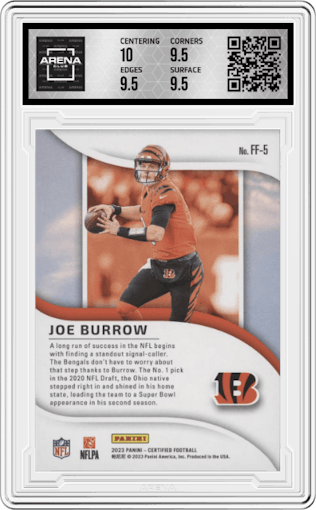 Joe Burrow from the 2023 Panini Certified set featuring a Mirror Gold parallel graded by Arena Club and given an overall grade of 10.