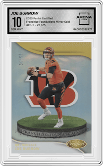 Joe Burrow from the 2023 Panini Certified set featuring a Mirror Gold parallel graded by Arena Club and given an overall grade of 10.