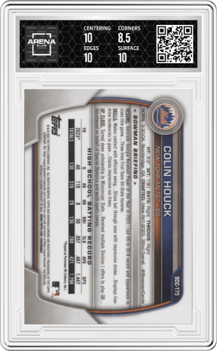 Colin Houck from the 2023 Bowman Draft set featuring a Fuchsia Lunar Refractor parallel graded by Arena Club and given an overall grade of 9.