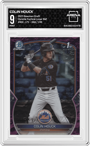 Colin Houck from the 2023 Bowman Draft set featuring a Fuchsia Lunar Refractor parallel graded by Arena Club and given an overall grade of 9.