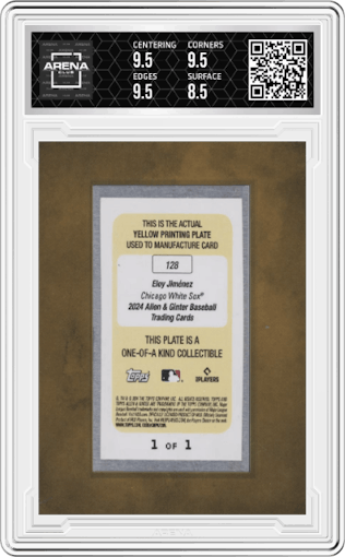 Eloy Jimenez  from the 2024 Topps Allen & Ginter set featuring a Printing Plate Yellow parallel graded by Arena Club and given an overall grade of 9.