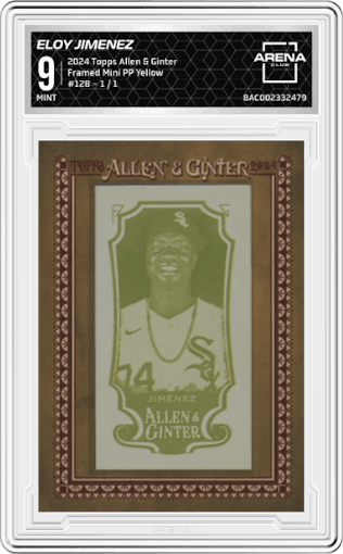 Eloy Jimenez  from the 2024 Topps Allen & Ginter set featuring a Printing Plate Yellow parallel graded by Arena Club and given an overall grade of 9.
