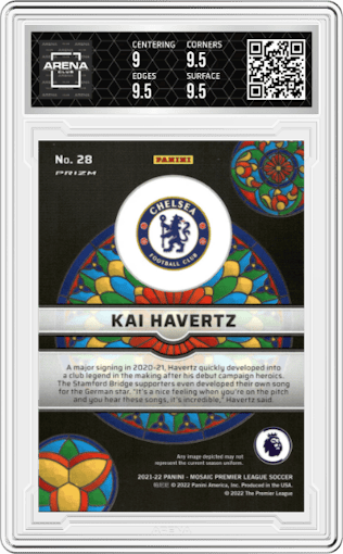 Kai Havertz from the 2021-22 Panini Mosaic Premier League set graded by Arena Club and given an overall grade of 9.5.