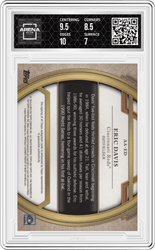 Eric Davis from the 2015 Topps Tier One set featuring a Bronze Ink parallel graded by Arena Club and given an overall grade of 7.5.