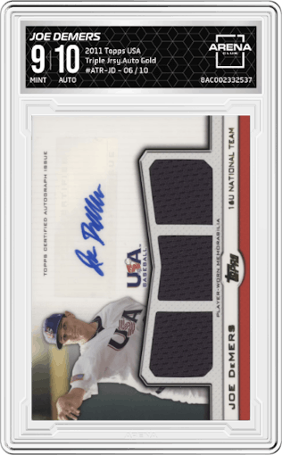 Joe DeMers from the 2011 Topps USA set featuring a Gold parallel graded by Arena Club and given an overall grade of 9.
