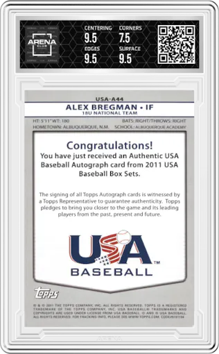 Alex Bregman from the 2011 Topps USA set graded by Arena Club and given an overall grade of 8.