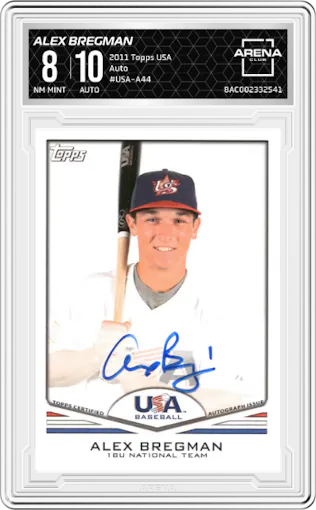Alex Bregman from the 2011 Topps USA set graded by Arena Club and given an overall grade of 8.