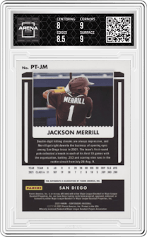 Jackson Merrill from the 2022 Panini Chronicles set graded by Arena Club and given an overall grade of 8.5.