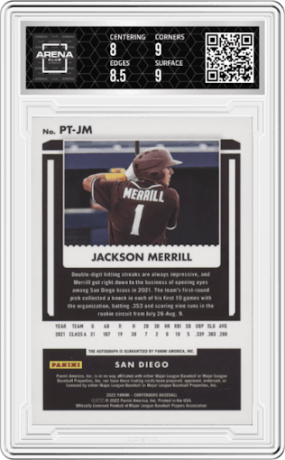 Jackson Merrill from the 2022 Panini Chronicles set graded by Arena Club and given an overall grade of 8.5.