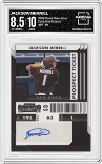 Jackson Merrill from the 2022 Panini Chronicles set graded by Arena Club and given an overall grade of 8.5.