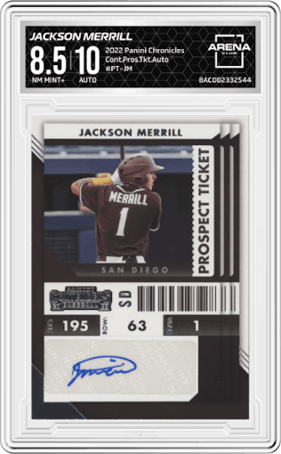 Jackson Merrill from the 2022 Panini Chronicles set graded by Arena Club and given an overall grade of 8.5.