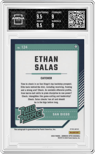 Ethan Salas from the 2024 Panini Donruss set graded by Arena Club and given an overall grade of 9.5.