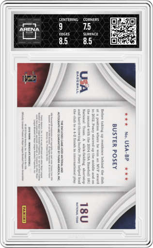 Buster Posey from the 2016 Panini Immaculate Collection set graded by Arena Club and given an overall grade of 8.