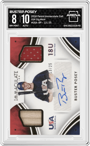 Buster Posey from the 2016 Panini Immaculate Collection set graded by Arena Club and given an overall grade of 8.