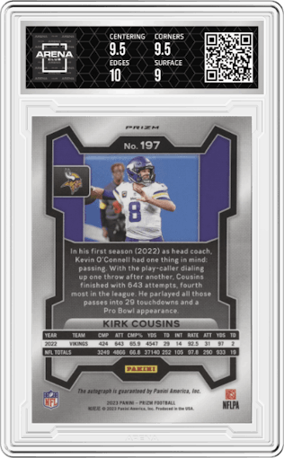 Kirk Cousins from the 2023 Panini Prizm set graded by Arena Club and given an overall grade of 9.5.