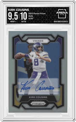 Kirk Cousins from the 2023 Panini Prizm set graded by Arena Club and given an overall grade of 9.5.