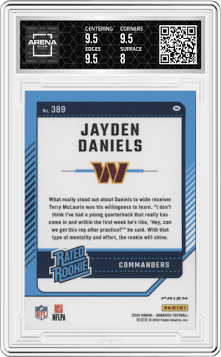 Jayden Daniels from the 2024 Donruss set featuring a Red and Green parallel graded by Arena Club and given an overall grade of 8.5.